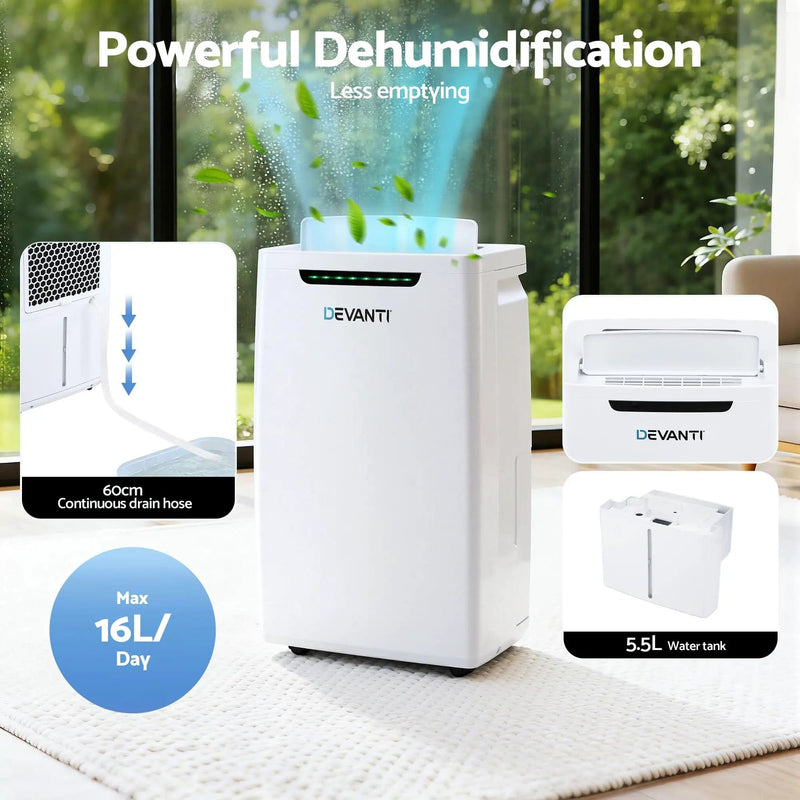 SportZone.co.nz Appliances > Aroma Diffusers & Humidifiers > Dehumidifiers Devanti 16L Dehumidifier Portable Air Dryer Moisture Absorber 5.5L Water Tank Home Devanti 16L Dehumidifier Portable Air Dryer Moisture Absorber 5.5L Water Tank Home