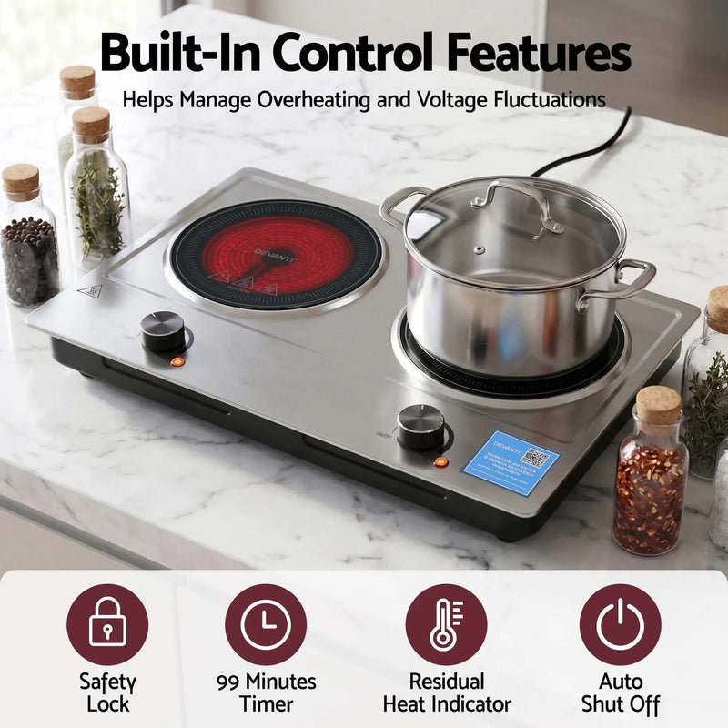 SportZone.co.nz Appliances > Kitchen Appliances > Cooktops & Stoves Devanti 2 Hobs Ceramic Cooktop Electric Hot Plate Infrared Knob Control 2400W Devanti 2 Hobs Ceramic Cooktop Electric Hot Plate Infrared Knob Control 2400W
