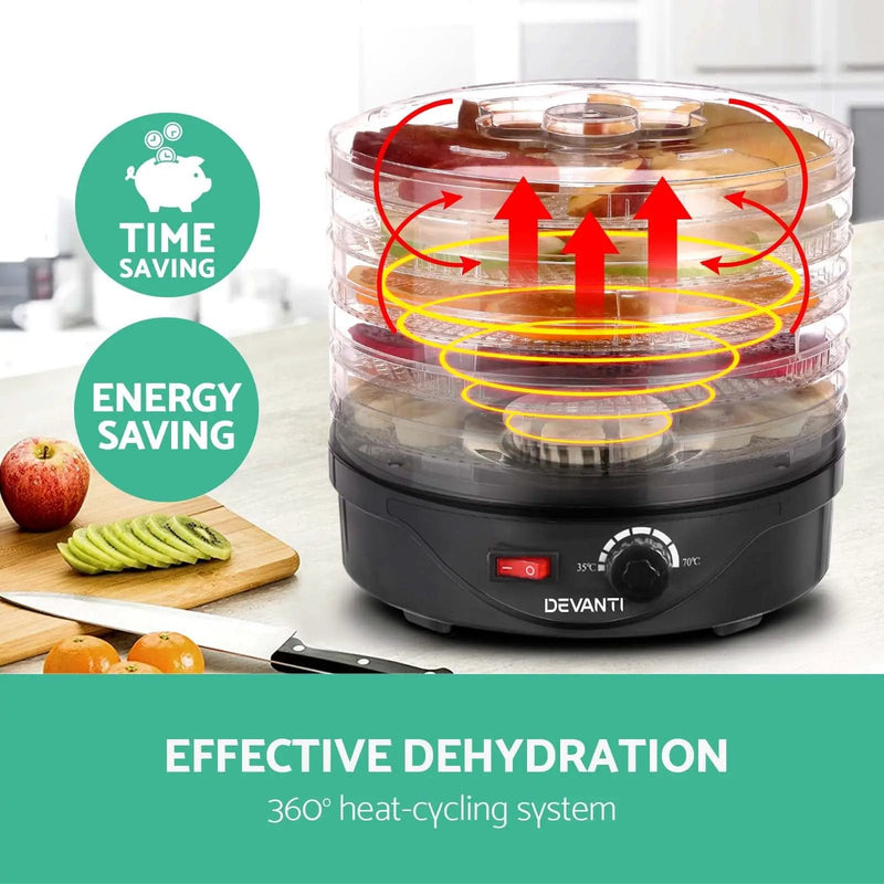 Devanti 5 Trays Food Dehydrator Fruit Dehydrators Pet Beef Jerky Dryer Black by SportZone.co.nz