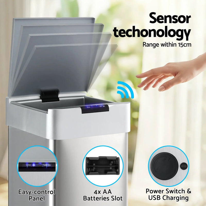 SportZone.co.nz Home & Garden > Kitchen Bins > Automatic Bins Devanti 50L Motion Sensor Bin Rubbish Bins Kitchen Automatic Trash Can Silver Devanti 50L Motion Sensor Bin Rubbish Bins Kitchen Automatic Trash Can Silver