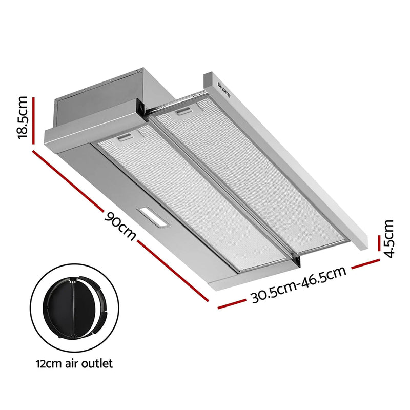 Devanti 900mm Range Hood 90cm Slide out Rangehood Stainless Steel by SportZone.co.nz