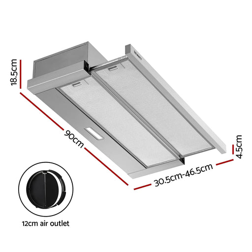 Devanti 900mm Range Hood 90cm Slide out Rangehood Stainless Steel by SportZone.co.nz