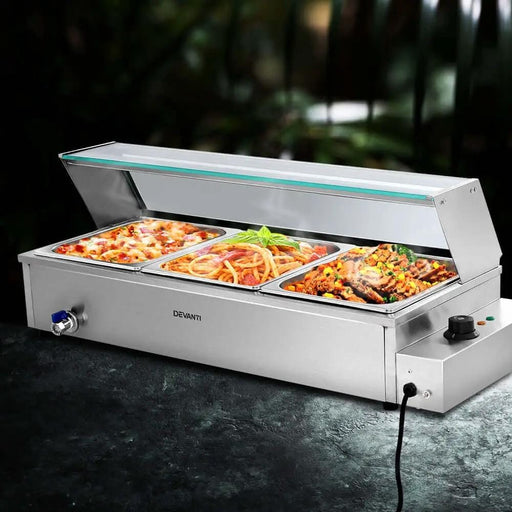 SportZone.co.nz Appliances > Kitchen Appliances > Food Warmers & Chafing Dishes Devanti Bain Marie 3 Pan Food Warmer – Commercial Use Devanti Bain Marie 3 Pan Food Warmer – Commercial Use