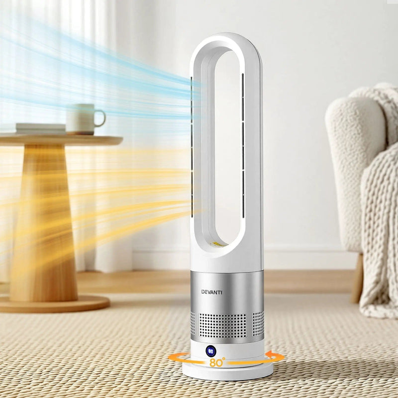 SportZone.co.nz Appliances > Heaters > Electric Heaters Devanti Bladeless Tower Fan Heater and Cooler 2in1 Portable Oscillation Fan for Bedroom Room Office Use White Devanti Bladeless Tower Fan Heater and Cooler 2in1 Portable Oscillation Fan for Bedroom Room Office Use White