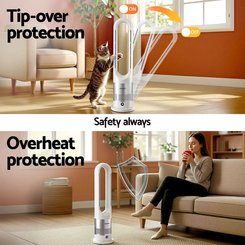 SportZone.co.nz Appliances > Heaters > Electric Heaters Devanti Bladeless Tower Fan Heater and Cooler 2in1 Portable Oscillation Fan for Bedroom Room Office Use White Devanti Bladeless Tower Fan Heater and Cooler 2in1 Portable Oscillation Fan for Bedroom Room Office Use White