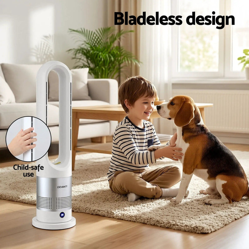 SportZone.co.nz Appliances > Heaters > Electric Heaters Devanti Bladeless Tower Fan Heater and Cooler 2in1 Portable Oscillation Fan for Bedroom Room Office Use White Devanti Bladeless Tower Fan Heater and Cooler 2in1 Portable Oscillation Fan for Bedroom Room Office Use White
