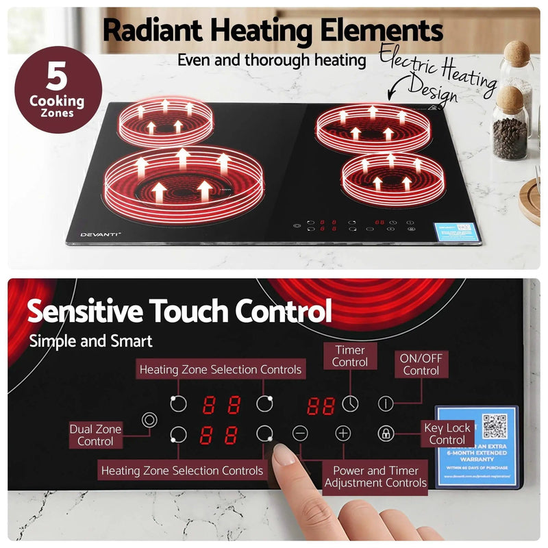 SportZone.co.nz Appliances > Kitchen Appliances > Cooktops & Stoves Devanti Ceramic Cooktop 5 Cooking Zone 4 Electric Hobs Touch Control 7600W Black Devanti Ceramic Cooktop 5 Cooking Zone 4 Electric Hobs Touch Control 7600W Black