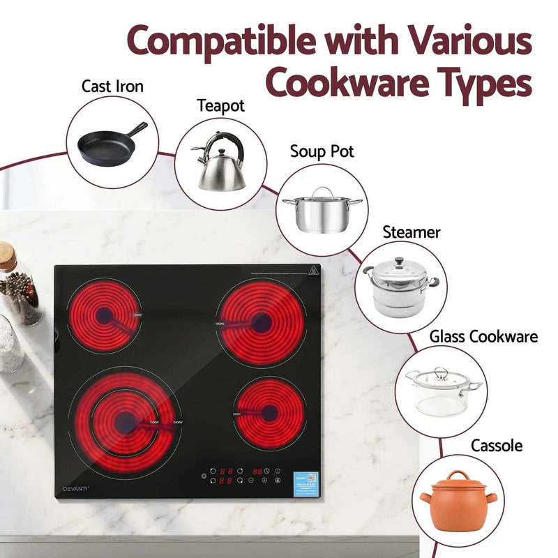 SportZone.co.nz Appliances > Kitchen Appliances > Cooktops & Stoves Devanti Ceramic Cooktop 5 Cooking Zone 4 Electric Hobs Touch Control 7600W Black Devanti Ceramic Cooktop 5 Cooking Zone 4 Electric Hobs Touch Control 7600W Black