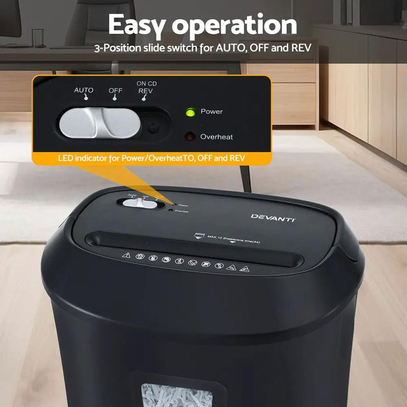 Devanti Electric Paper Shredder for Home Office 10 A4 Paper Sheet Cross-Cut Paper by SportZone.co.nz
