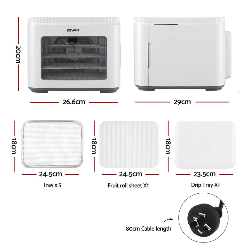 SportZone.co.nz Appliances > Kitchen Appliances > Food Dehydrators Devanti Food Dehydrator Machine 5 Tray Mini Fruit Dryer Maker White Devanti Food Dehydrator Machine 5 Tray Mini Fruit Dryer Maker White