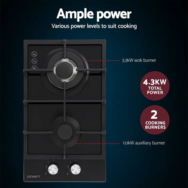 SportZone.co.nz Appliances > Kitchen Appliances > Cooktops & Stoves Devanti 30cm Gas Cooktop 2 Burner Built In Stove Glass NG LPG Wok Devanti 30cm 2 Burner Gas Cooktop Built In Stove