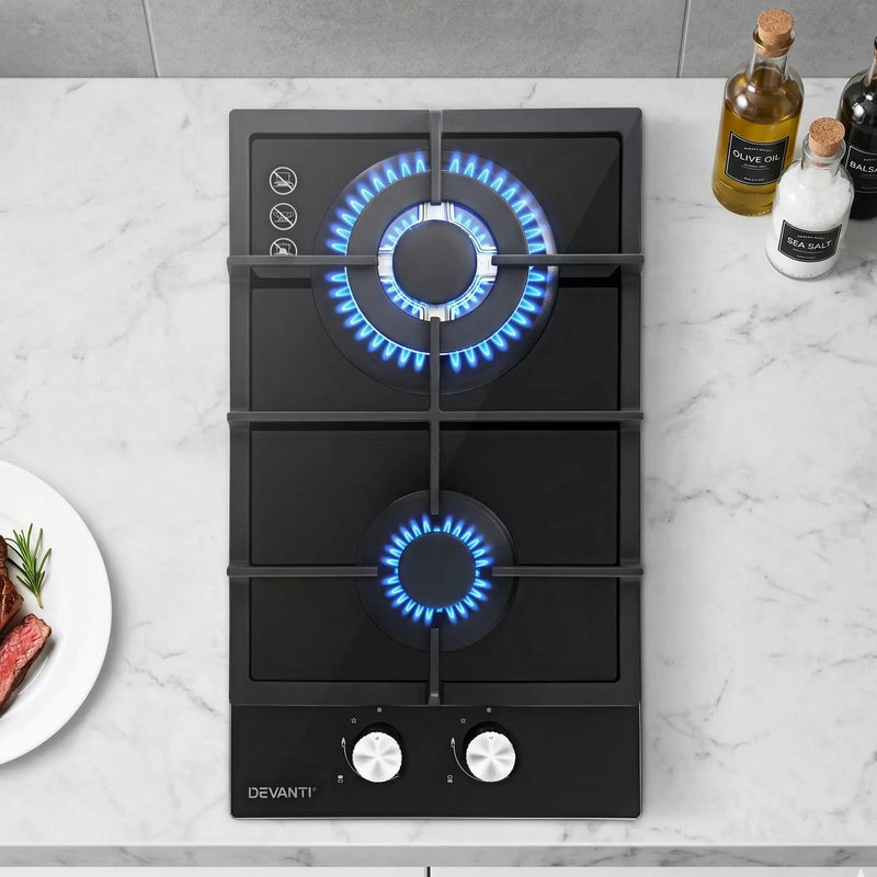 SportZone.co.nz Appliances > Kitchen Appliances > Cooktops & Stoves Devanti 30cm Gas Cooktop 2 Burner Built In Stove Glass NG LPG Wok Devanti 30cm 2 Burner Gas Cooktop Built In Stove