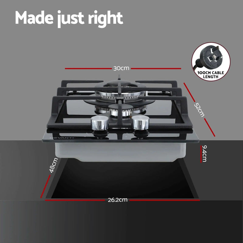 SportZone.co.nz Appliances > Kitchen Appliances > Cooktops & Stoves Devanti 30cm Gas Cooktop 2 Burner Built In Stove Glass NG LPG Wok Devanti 30cm 2 Burner Gas Cooktop Built In Stove