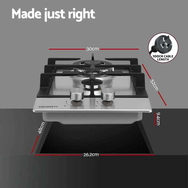 SportZone.co.nz Appliances > Kitchen Appliances > Cooktops & Stoves Devanti 30cm Gas Cooktop 2 Burner Silver Stainless Steel Devanti 30cm Gas Cooktop 2 Burner Stainless Steel