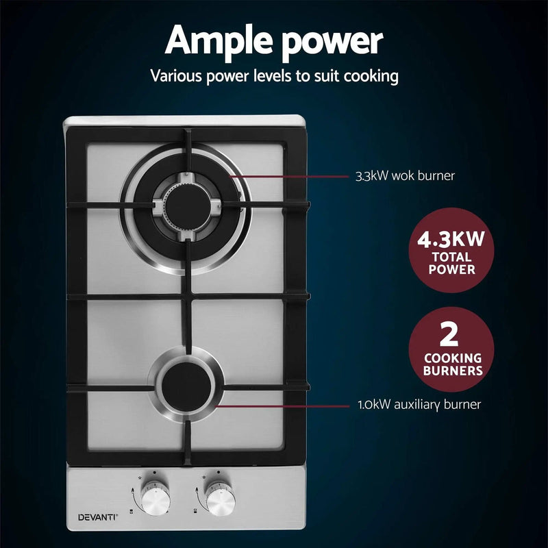 SportZone.co.nz Appliances > Kitchen Appliances > Cooktops & Stoves Devanti 30cm Gas Cooktop 2 Burner Silver Stainless Steel Devanti 30cm Gas Cooktop 2 Burner Stainless Steel