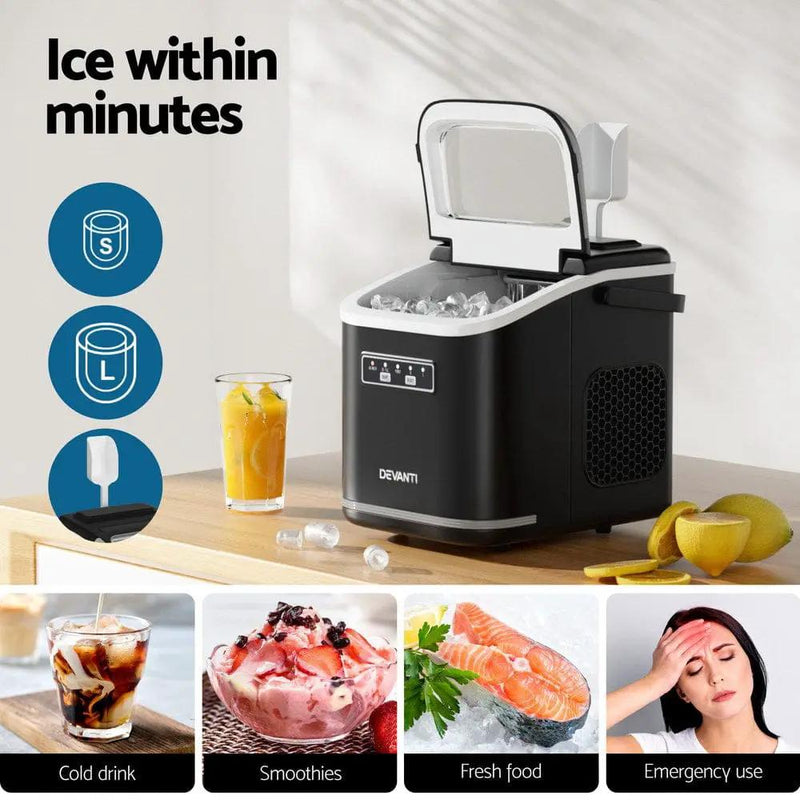 SportZone.co.nz Appliances > Kitchen Appliances > Ice Makers Devanti Ice Maker Machine Portable 12kg Countertop w/Self Cleaning 1.3L Black Devanti Ice Maker Machine Portable 12kg Countertop w/Self Cleaning 1.3L Black