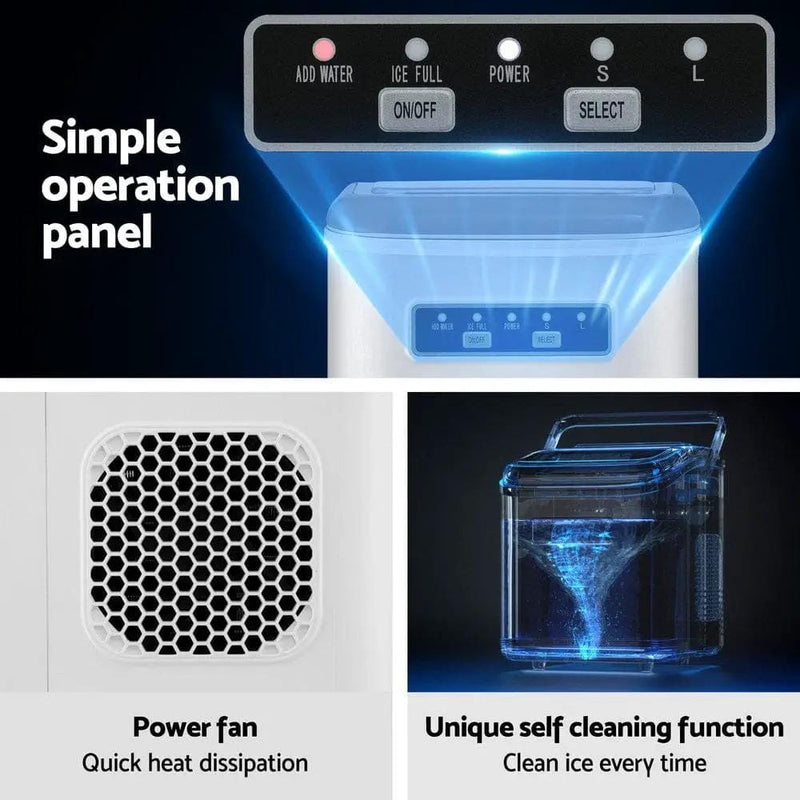 Devanti Ice Maker Machine Portable 12kg Countertop w/Self Cleaning 1.3L White by SportZone.co.nz