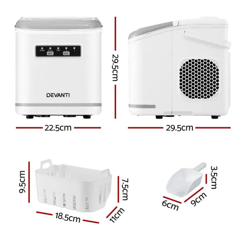 Devanti Ice Maker Machine Portable 12kg Countertop w/Self Cleaning 1.3L White by SportZone.co.nz