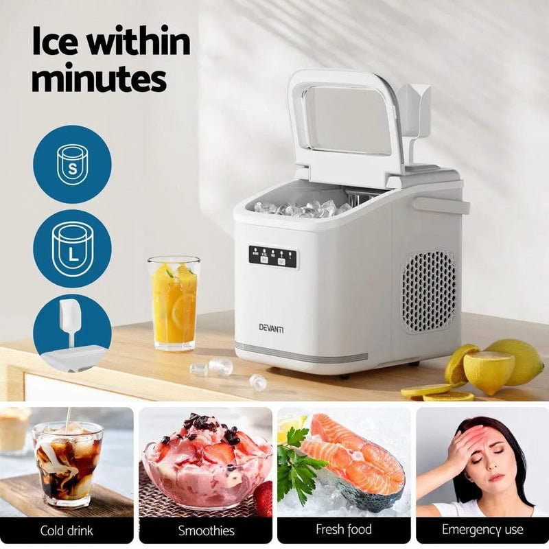 Devanti Ice Maker Machine Portable 12kg Countertop w/Self Cleaning 1.3L White by SportZone.co.nz