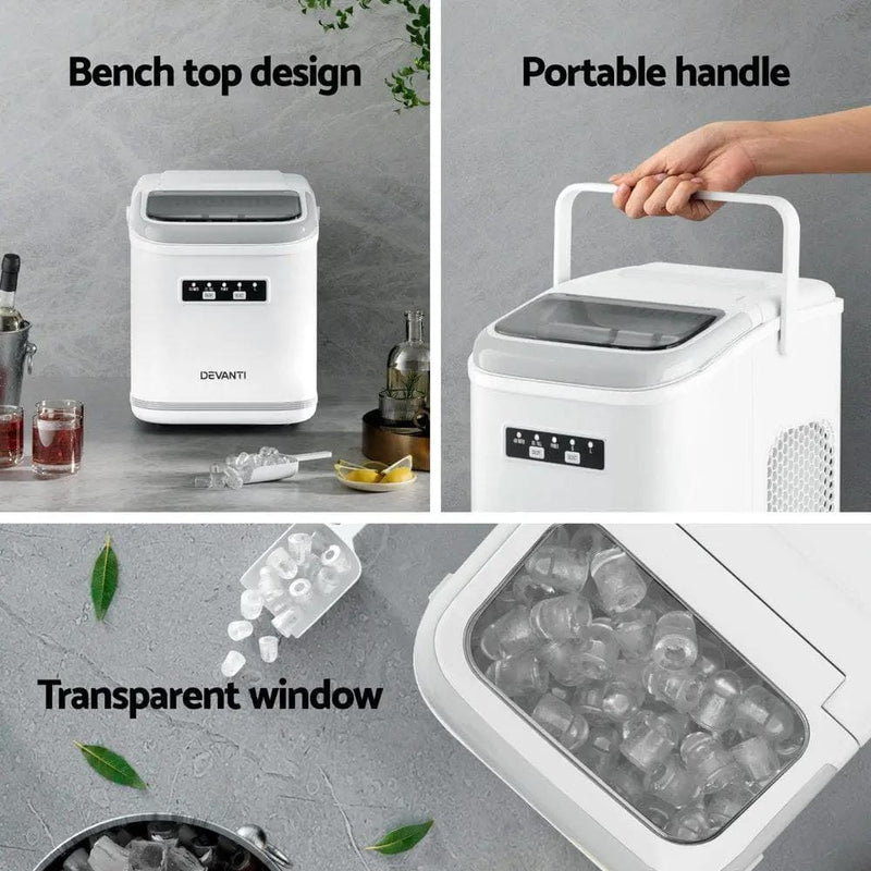 Devanti Ice Maker Machine Portable 12kg Countertop w/Self Cleaning 1.3L White by SportZone.co.nz