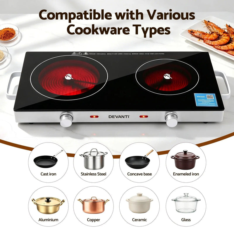 SportZone.co.nz Appliances > Kitchen Appliances > Cooktops & Stoves Devanti Portable Ceramic Cooktop Dual Burner Electric Hot Plate 2800W Black Devanti Portable Ceramic Cooktop Dual Burner Electric Hot Plate 2800W Black