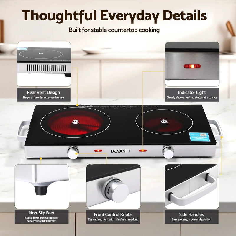 SportZone.co.nz Appliances > Kitchen Appliances > Cooktops & Stoves Devanti Portable Ceramic Cooktop Dual Burner Electric Hot Plate 2800W Black Devanti Portable Ceramic Cooktop Dual Burner Electric Hot Plate 2800W Black