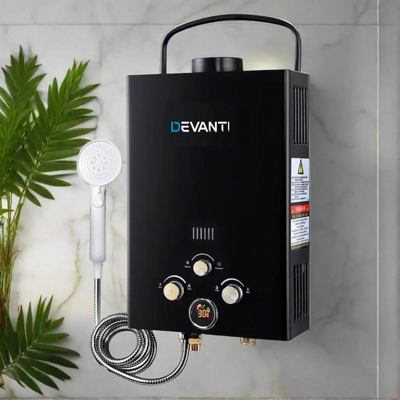 SportZone.co.nz Outdoor > Camping Devanti Portable Gas Water Heater 8L/Min LPG System Black Devanti Portable Gas Water Heater 8L/Min LPG System Black