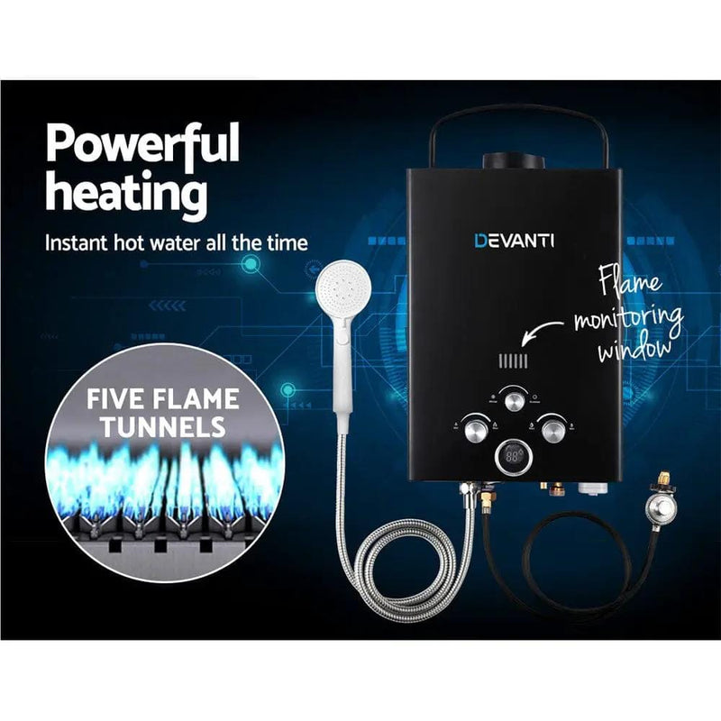 SportZone.co.nz Outdoor > Camping Devanti Portable Gas Water Heater 8L/Min LPG System Black Devanti Portable Gas Water Heater 8L/Min LPG System Black