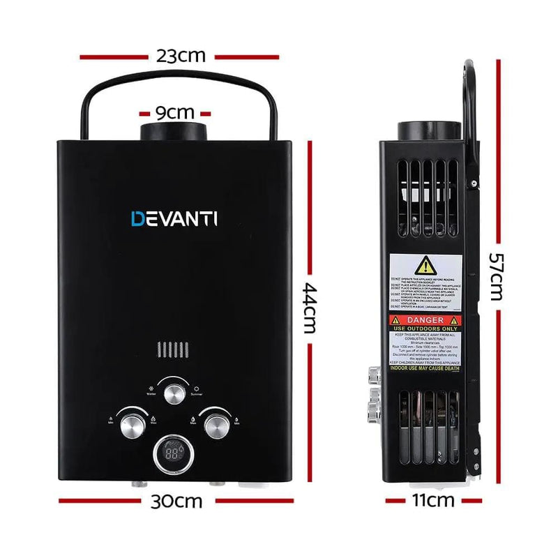 SportZone.co.nz Outdoor > Camping Devanti Portable Gas Water Heater 8L/Min LPG System Black Devanti Portable Gas Water Heater 8L/Min LPG System Black