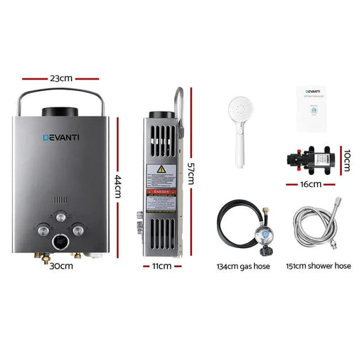 SportZone.co.nz Outdoor > Camping Devanti Portable Gas Water Heater 8L/Min With Pump LPG System Grey Devanti Portable Gas Water Heater 8L/Min With Pump LPG System Grey
