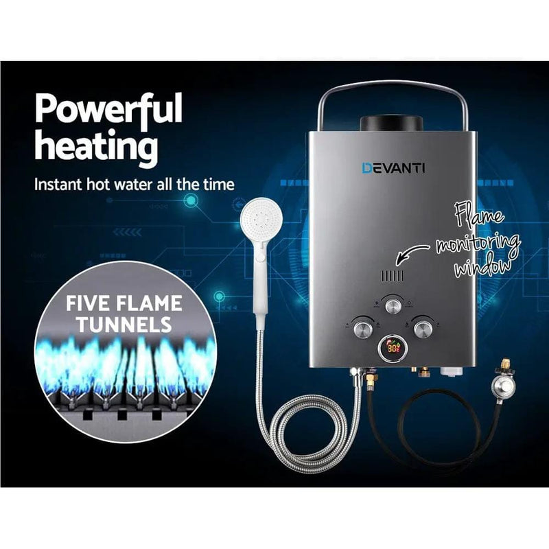 SportZone.co.nz Outdoor > Camping Devanti Portable Gas Water Heater 8L/Min With Pump LPG System Grey Devanti Portable Gas Water Heater 8L/Min With Pump LPG System Grey