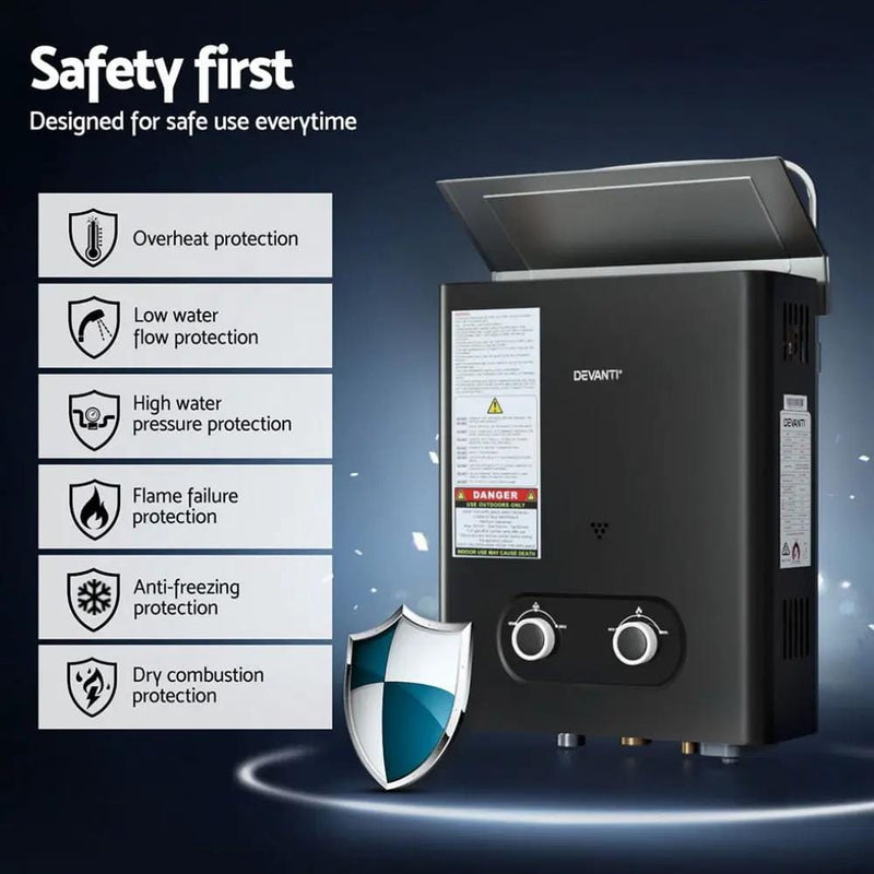 SportZone.co.nz Outdoor Recreation > Camping > Portable Toilets & Showers Devanti Portable Gas Water Heater LPG Powered System- Black Devanti Portable Gas Water Heater LPG Powered System- Black