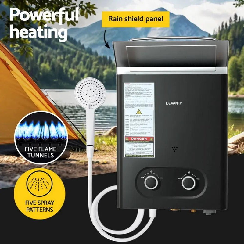 SportZone.co.nz Outdoor Recreation > Camping > Portable Toilets & Showers Devanti Portable Gas Water Heater LPG Powered System- Black Devanti Portable Gas Water Heater LPG Powered System- Black