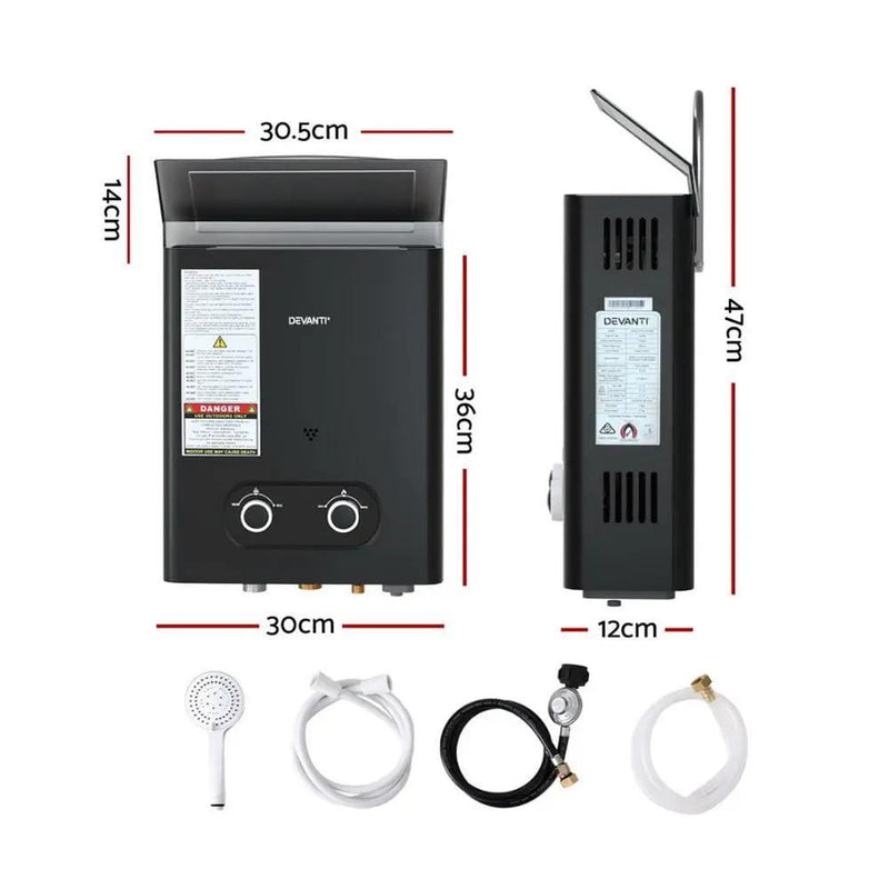 SportZone.co.nz Outdoor Recreation > Camping > Portable Toilets & Showers Devanti Portable Gas Water Heater LPG Powered System- Black Devanti Portable Gas Water Heater LPG Powered System- Black