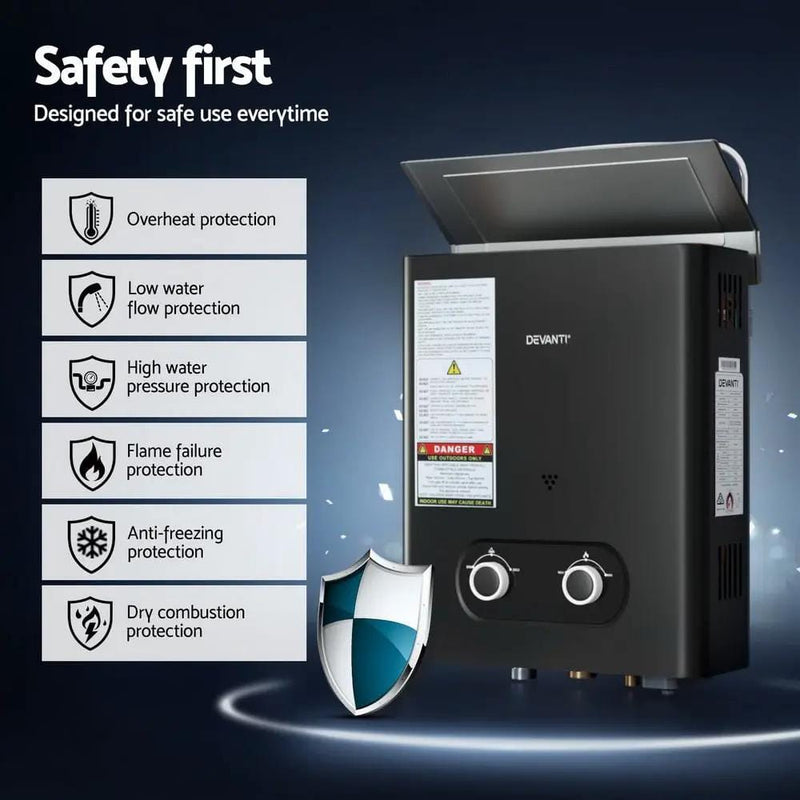 SportZone.co.nz Outdoor Recreation > Camping > Portable Toilets & Showers Devanti Portable Gas Water Heater LPG-powered System Black With Pump Devanti Portable Gas Water Heater LPG-powered System Black With Pump