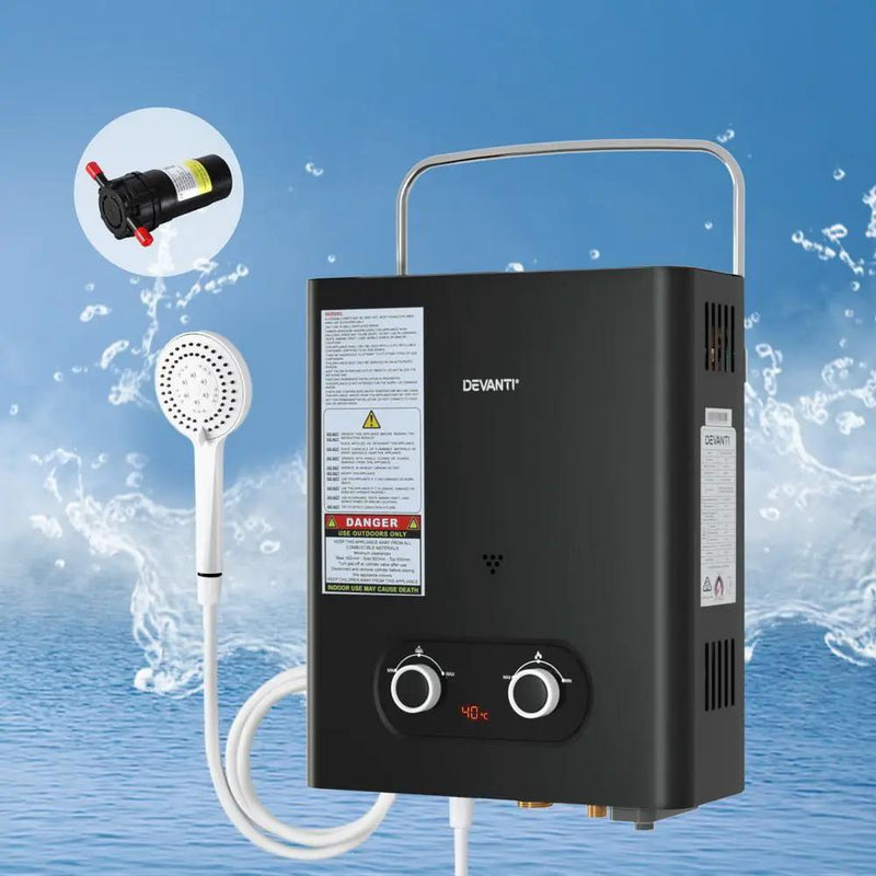SportZone.co.nz Outdoor Recreation > Camping > Portable Toilets & Showers Devanti Portable Gas Water Heater LPG-powered System Black With Pump Devanti Portable Gas Water Heater LPG-powered System Black With Pump