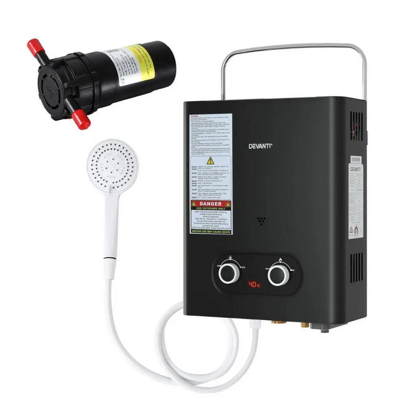 SportZone.co.nz Outdoor Recreation > Camping > Portable Toilets & Showers Devanti Portable Gas Water Heater LPG-powered System Black With Pump Devanti Portable Gas Water Heater LPG-powered System Black With Pump