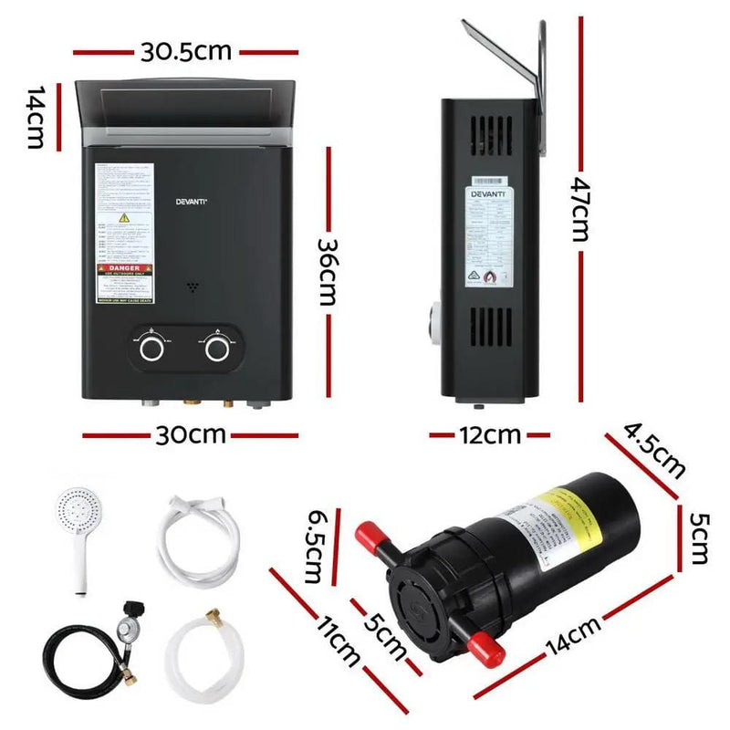 SportZone.co.nz Outdoor Recreation > Camping > Portable Toilets & Showers Devanti Portable Gas Water Heater LPG-powered System Black With Pump Devanti Portable Gas Water Heater LPG-powered System Black With Pump