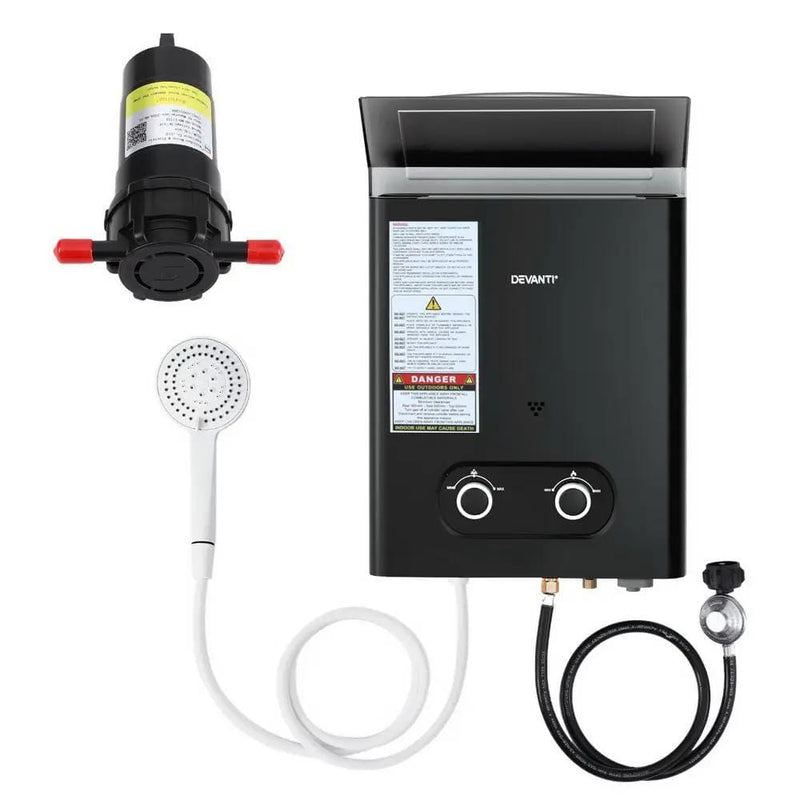 SportZone.co.nz Outdoor Recreation > Camping > Portable Toilets & Showers Devanti Portable Gas Water Heater LPG-powered System Black With Pump Devanti Portable Gas Water Heater LPG-powered System Black With Pump