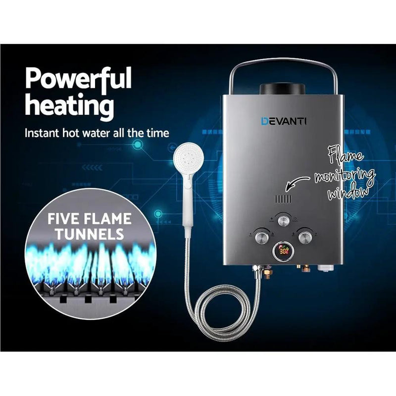 SportZone.co.nz Outdoor Recreation > Camping > Camping Appliances Devanti Portable Gas Water Heater LPG System Grey Devanti Portable Gas Water Heater LPG System Grey