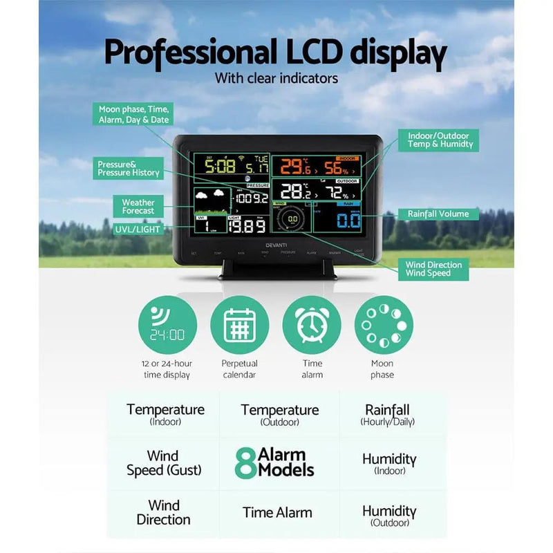 SportZone.co.nz Home & Garden > Garden Tools Devanti Weather Station Indoor Outdoor Wireless WiFi Professional Solar Sensor Devanti Weather Station Indoor Outdoor Wireless WiFi Professional Solar Sensor