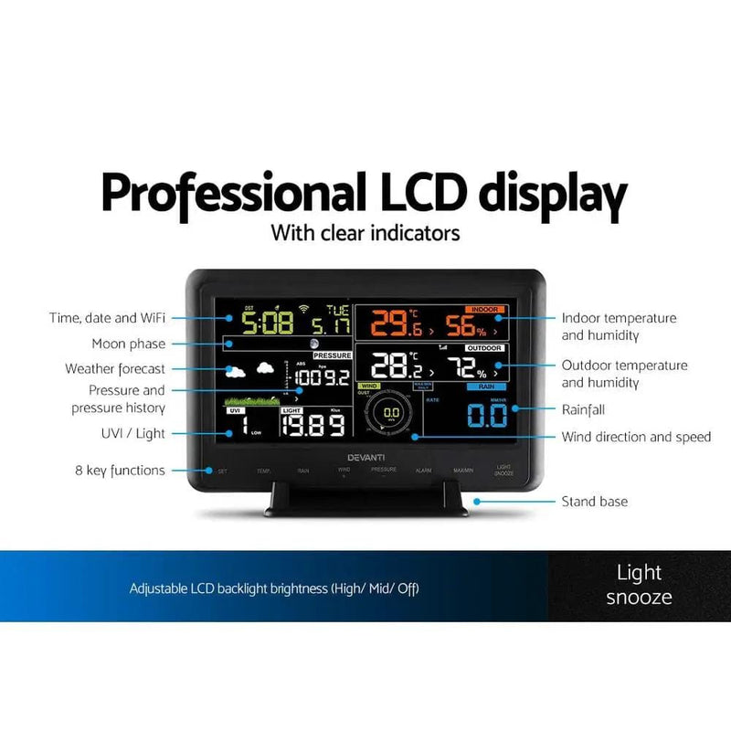 SportZone.co.nz Home & Garden > Home & Garden Others Devanti Wireless WiFi Professional Weather Station Solar Sensor LCD UV Light Devanti Wireless WiFi Professional Weather Station Solar Sensor LCD UV Light