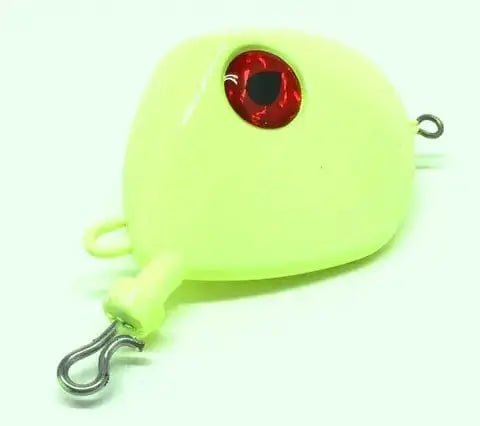 Diamond Eye Puka Jig 750 Grms - bright yellow jig with red eye for deep drop fishing.