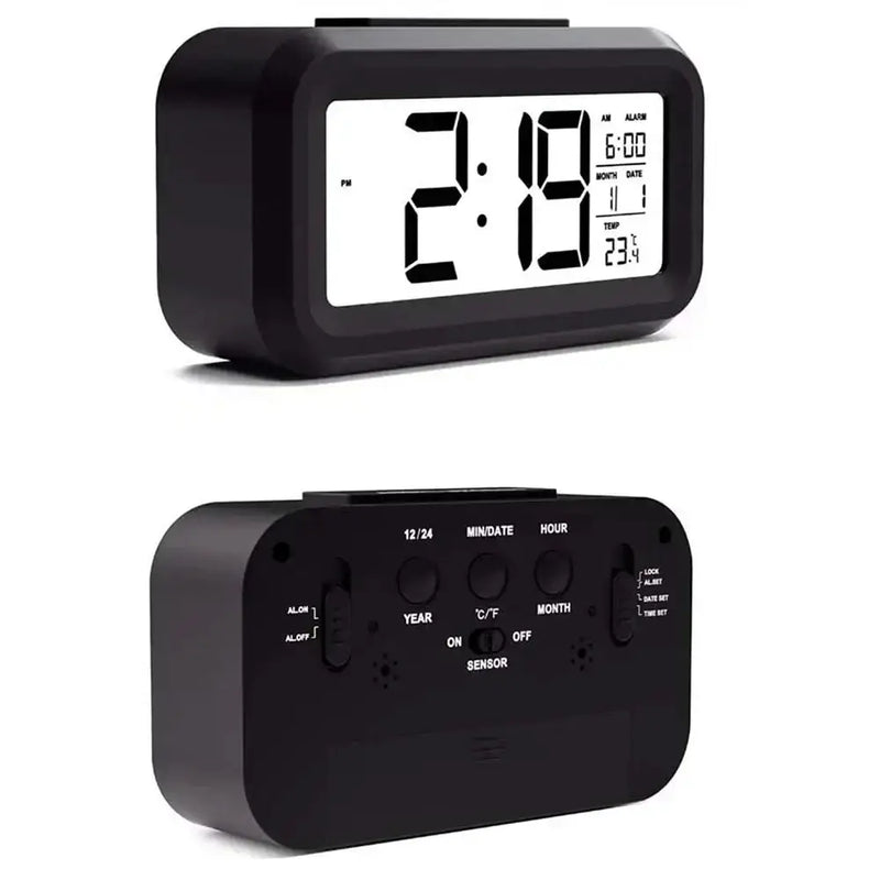 Digital Alarm Clock – Battery Operated with Indoor Temperature & Light Sensor Backlight (3 colors available) by Habicare