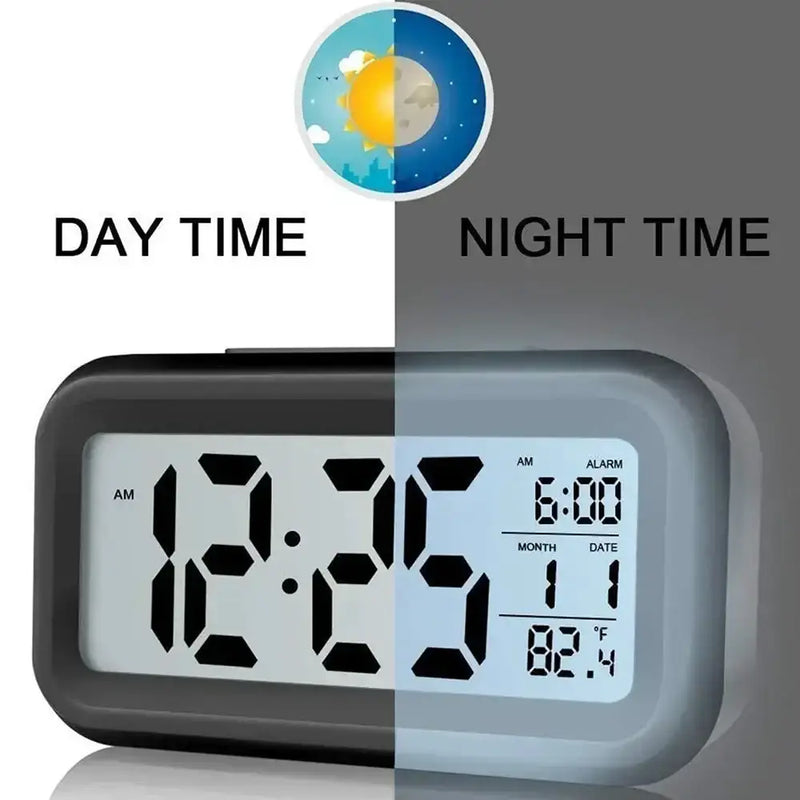 Digital Alarm Clock – Battery Operated with Indoor Temperature & Light Sensor Backlight (3 colors available) by Habicare