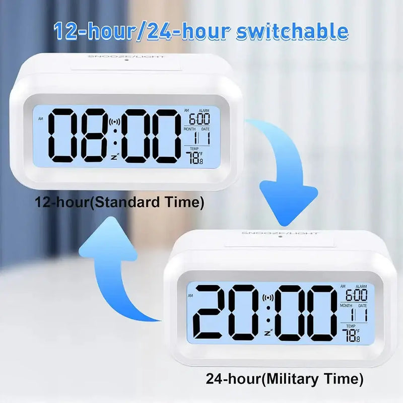 Digital Alarm Clock – Battery Operated with Indoor Temperature & Light Sensor Backlight (3 colors available) by Habicare