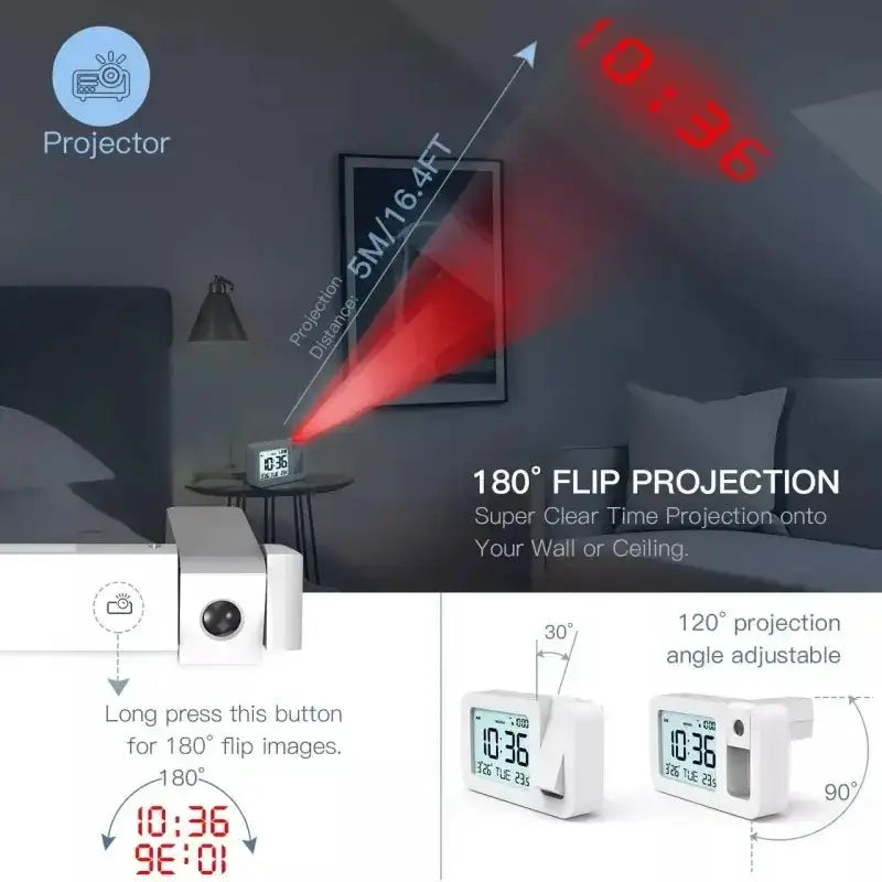 Digital Projection Alarm Clock – Rechargeable LED with USB Charger (Black & White) by Habicare