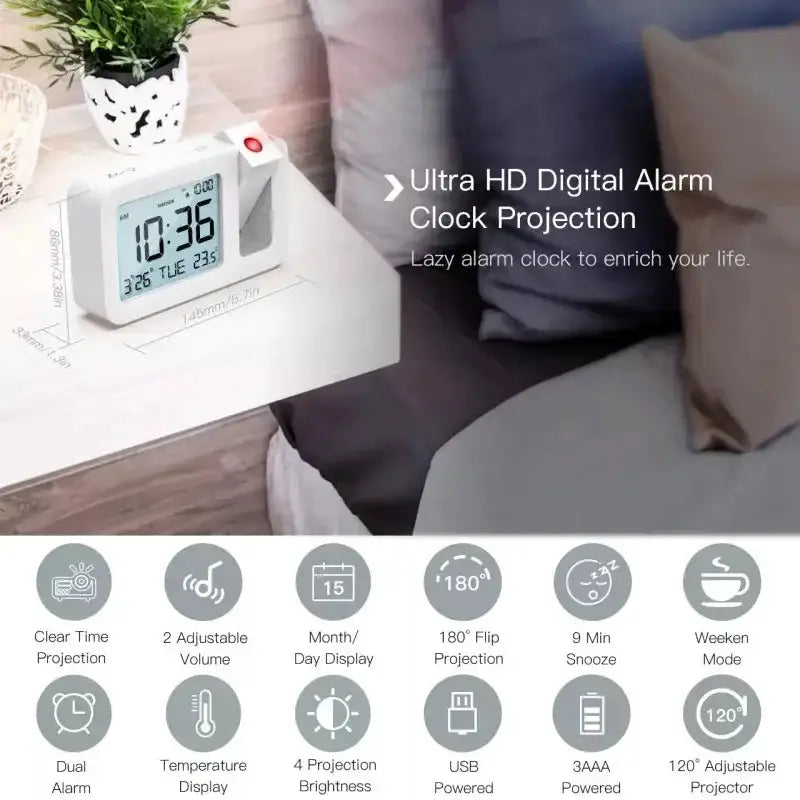 Digital Projection Alarm Clock – Rechargeable LED with USB Charger (Black & White) by Habicare