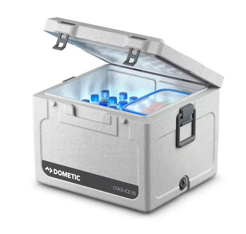 Dometic 56Litre Cooler Box with lid open showing drinks and ice; efficient icebox for days.