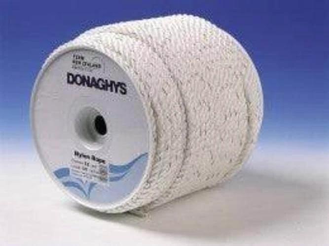 12mm x 50metre Nylon Rope 8 Strand Heatset on a spool from Donaghys, showcasing its robust white construction.